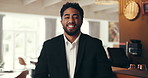 Hotel, happy and face of businessman in lobby on tablet for online booking, networking and seminar. Work trip, hospitality and portrait of person on tech for conference, schedule and corporate event