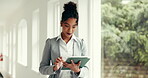 Business, scroll or woman with tablet in office window for research, project reminder and planning. Corporate, employee and digital app in corridor for calendar management, schedule update and tasks