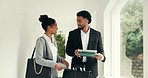 Business people, tablet or schedule with suitcase for travel, work trip or commute together. Happy, businessman or woman with technology or luggage for flight, job opportunity or corporate rendezvous