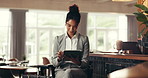 Hotel, bar and business woman on tablet for online booking, accommodation and digital check in. Work trip, hospitality and happy person on tech for reservation on website, internet and networking
