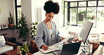 Writing, financial report and woman with tech in home office, online and plan with notes for budget. Remote work, research and African person with notebook for invoice, accountant or project in house