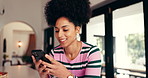Phone, texting and woman in home with networking, contact or communication on mobile app. Happy, technology and female person with cellphone for social media, website or online chatting in house.