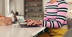Hands, typing and woman with laptop in home office for remote work, social media or campaign graphs. Computer, writing and freelancer online for email, ads or engagement metrics for channel analytics