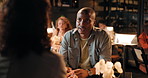 Conversation, connection and man on date in restaurant for love, bonding or anniversary celebration. Talking, fine dining and couple with at romantic dinner together for relationship at luxury diner.