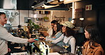 Woman, barman and machine with phone payment, transaction and fintech at bar. Bartender, people and electronic pos for alcohol checkout, purchase drinks and contactless of customer experience at pub