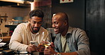 Phone, wine and laugh with friends at bar for social media, discussion and reunion. Alcohol, funny and online review with people in restaurant pub for drinking, beverage and conversation together