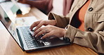 Publishing, typing and hands of woman on laptop for online report, article review and copywriting. Creative agency, professional and business person on computer for editing, research and website blog