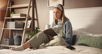 Student, writing and coffee with woman in bedroom for study schedule, journal or reminder. Assignment due date, academic calendar and notebook planning with person and tea on bed in home for research