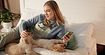 Phone, dog mom and puppies for stroke on bed in home bedroom for fun, social media or bonding. Pet insurance, adoption and house with golden retriever animals and woman with tech, care and love