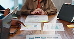 Documents, meeting and teamwork with hands of business people for planning, graph and research. Profit report, partnership and quarterly projection with employees in office for paperwork and growth