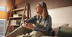 Phone, thinking and girl relax in bedroom for message, online dating or chat on internet. Mobile, vision and happy woman in home for typing, communication and idea for romantic text with contact