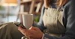 Hands, woman and drinking coffee with phone in home for social media scroll, reading ebook or chat. Relax, person and smartphone with beverage for browsing internet, app download and weekend break
