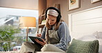Woman, music and thinking with tablet, drawing and headphones for education or project. Bedroom, dance and Gen z student with tech, digital art and inspiration for graphic design or elearning podcast