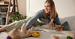 Phone, dog mom and puppies for belly rub on bed in home bedroom for fun, social media or bonding. Pet insurance, adoption and house with golden retriever animals and woman with love, internet or care