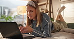 Phone, laughing and girl relax in bedroom for comment, reading joke or gif on internet. Mobile, funny and happy woman in home for communication, meme or scroll for online chat on social media app