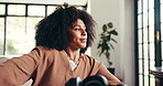 Stretching, woman and relax with headphones, home and chilling on weekend with tablet and streaming. Break, person and listen to music with tech in living room, calm and comfortable on couch in house