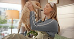 Happy, woman and playing with puppy on bed for connection, bonding together and security. Protection, dog mom and speaking to Labrador in apartment for friendship, domestic companion and pet care