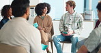 People, support and group therapy for mental health, talking and advice for alcoholic recovery. Circle, counseling and woman share story with smile for help, addiction rehabilitation and psychology