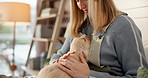 Relax, woman and stroke puppy in home for connection, bonding together and protection. Love, dog mom and cuddle with furry best friend in apartment for pet adoption, security and domestic companion