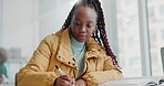 African woman, student and writing in classroom for university exam, test and assessment. Female person, notes and information for college quiz, question paper and studying for learning evaluation