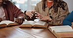 Bible study, group and hands with discussion of scripture for holy knowledge, religion or faith. Christian community, learning and circle of people in home with worship, support or spiritual guidance