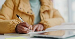 Hands, person and student writing in classroom for university exam, test and assessment. Woman, books and notes with information for college quiz, question paper and studying for learning evaluation