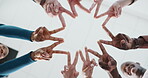 Star, fingers and unity of group, collaboration or teamwork with hands together, low angle or trust. Business, support and people with gesture for solidarity, meeting and circle of colleagues or sign