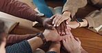 Support, partnership and hands of business people stack together in solidarity, trust and teamwork or collaboration. Community, meeting and company group for mission, goal and unity or synergy