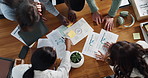 Above, graph and business people in meeting with documents for planning, feedback or finance report. Office, collaboration and men with women with paperwork for budget, statistics or financial review