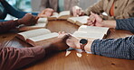 Bible study, group and people holding hands in prayer for spiritual guidance, religion or thankful. Christian community, faith and circle of friends in home with worship, connection and praise Jesus