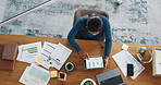 Top view, tablet screen and business woman with chart, research and scroll financial graphs. Technology, above and African worker in office for analysis, review data and metrics for investment growth