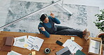 Above, music and relax with business black woman in office for streaming, song charts and sound. Headphones, radio performance and audio subscription with person in media agency for record label