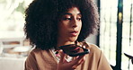 Phone call, woman and speaker in home for communication, recording memo or audio message. African person, mobile and voice note for chat with AI assistant, conversation or contact for news in lounge