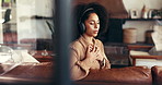 Relax, headphones and woman in home with meditation music for peace, calm and deep breath. Mindfulness audio, radio and African person listen to podcast or streaming emotional song for stress relief