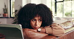 Woman, thinking and bored on sofa with tablet, tired and waiting for response on social media. African person, disappointed and tech in home with connection error, bad news and fatigue in living room