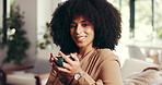 Happy, coffee and face of woman in home for calm, relax or peaceful morning on weekend. Smile, warm beverage and portrait of female person from Colombia drinking cappuccino on sofa in living room.