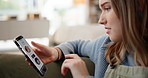 Woman, food and phone with menu in home for online shopping, order or browsing meal on sofa. Female person, shopper and scrolling with mobile smartphone on restaurant website for selection or choice
