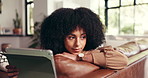 Happy, thinking and black woman on tablet in home for online website, social networking and internet. House, living room and African person on digital tech for reflection, relax and chill on weekend