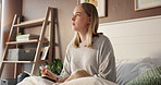 Thinking, woman and writing notes on bed for planning, reminder and reflection for self care. Female person, puppy and notebook for checklist, inspiration ideas and journaling of information at house