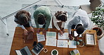 Above, tech and business people in meeting with documents for planning, feedback and finance report. Office, collaboration and men with women with paperwork for budget, statistics or financial review