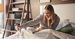 Girl, puppy and selfie in bed, smile and bonding with pet animal for web post in house. Woman, dog mom and influencer with golden retriever, photography or happy on social network at apartment