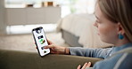 Woman, food menu and online shopping with phone in home for order or browsing meal on sofa. Female person, shopper and scrolling with mobile smartphone on restaurant website for takeaway confirmation