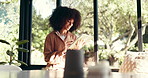 Happy, scroll and black woman on tablet in home for online website, social networking and internet. House, living room and African person on digital tech for reading news, ebook and relax on weekend