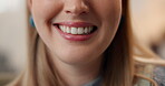 Dental, mouth and smile of woman closeup in home for oral hygiene or teeth whitening satisfaction. Healthcare, lips and veneers with happy person in apartment for dentistry results or tooth cleaning