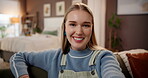 Face, video call and woman with smile, home and communication with contact on social media and wave. Hello, online and person in living room for virtual chat, happy and conversation on web in house