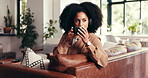 Headphones, coffee and woman on sofa in home with calm, relax or peaceful weekend with music. Audio tech, cappuccino and female person listening to morning playlist in living room at apartment.
