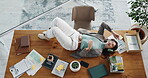 Above, headphones and relax with business woman in office for streaming, song charts and sound. Music, radio performance and audio subscription with person and dance in media agency for record label