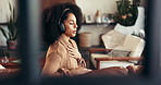 Peace, headphones and woman in home with meditation music for relax, calm and deep breath. Mindfulness audio, radio and African person listen to podcast or streaming emotional song for stress relief