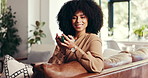 Smile, coffee and face of woman in home for calm, relax or peaceful morning on weekend. Happy, warm beverage and portrait of female person from Colombia drinking cappuccino on sofa in living room.