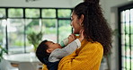 Happy, bottle and mom with baby in home for feeding, bonding or nap time in afternoon. Love, care and mother with toddler for drinking milk for growth, development or nutrition in living room.